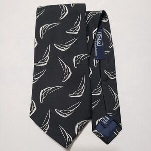 Vintage Polo Ralph Lauren Sailboat Pattern Black & White Mens Neck Tie 100% Silk